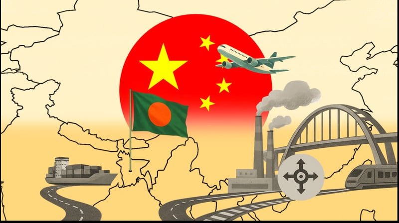 Illustration of Belt and Road infrastructure linking China and Bangladesh — ship, plane, factory, bridge and railway over a map