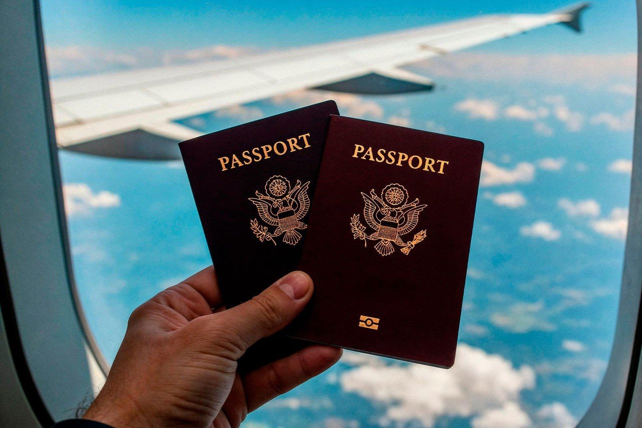 two passports in front of an airplane window